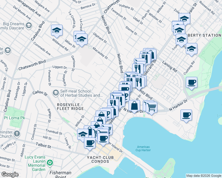 map of restaurants, bars, coffee shops, grocery stores, and more near 3220 Ingelow Street in San Diego