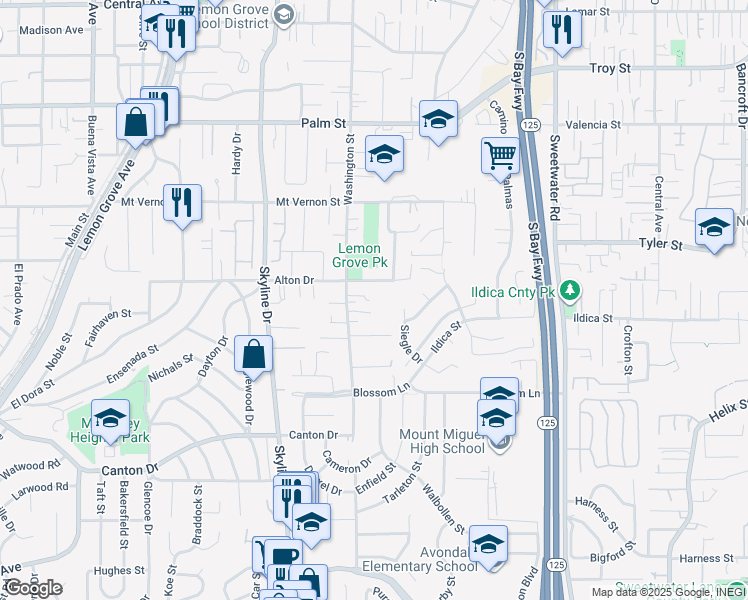 map of restaurants, bars, coffee shops, grocery stores, and more near 2135 Washington Street in Lemon Grove