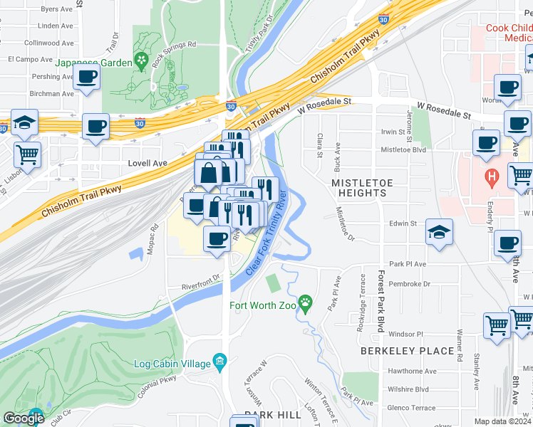 map of restaurants, bars, coffee shops, grocery stores, and more near 1541 Merrimac Circle in Fort Worth