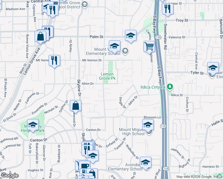 map of restaurants, bars, coffee shops, grocery stores, and more near 2135 Washington Street in Lemon Grove
