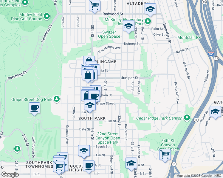 map of restaurants, bars, coffee shops, grocery stores, and more near 3161 Ivy Street in San Diego