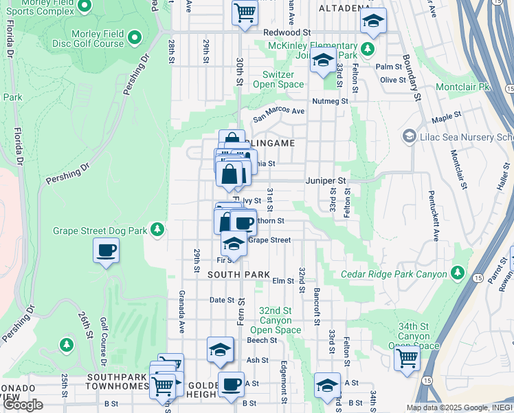 map of restaurants, bars, coffee shops, grocery stores, and more near 3031 Ivy Street in San Diego