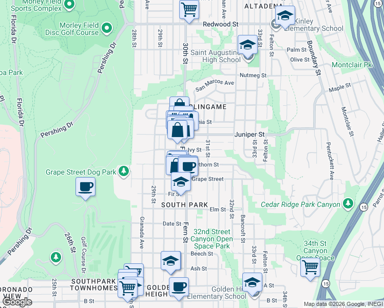 map of restaurants, bars, coffee shops, grocery stores, and more near 3031 Ivy Street in San Diego