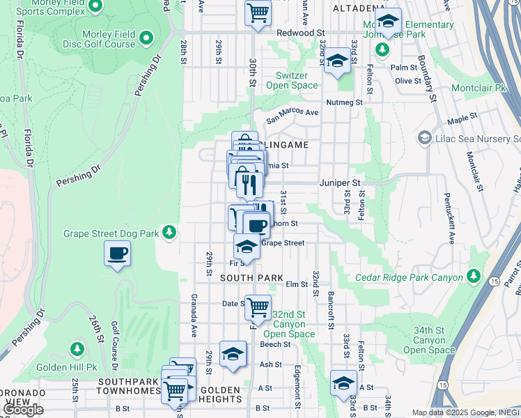 map of restaurants, bars, coffee shops, grocery stores, and more near 3031 Ivy Street in San Diego