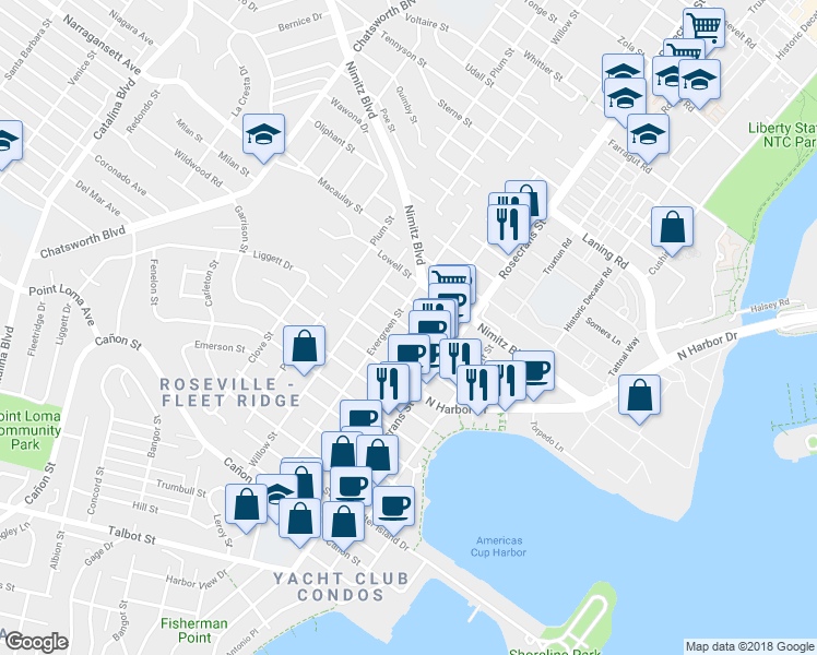 map of restaurants, bars, coffee shops, grocery stores, and more near 3110 Jarvis Street in San Diego
