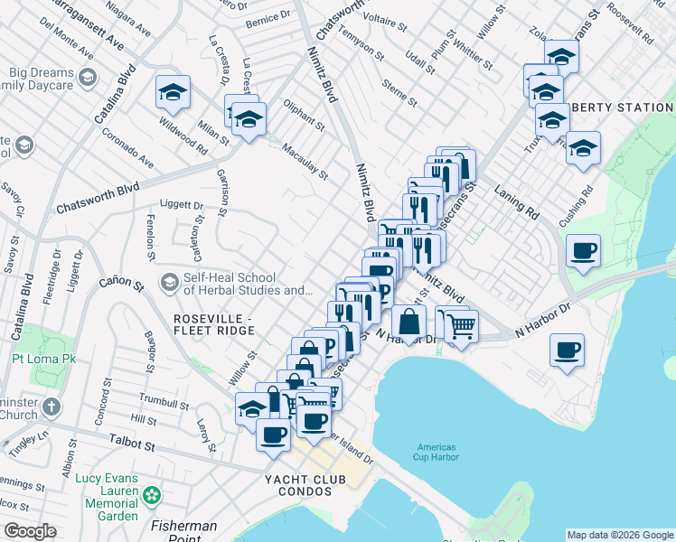 map of restaurants, bars, coffee shops, grocery stores, and more near 3220 Ingelow Street in San Diego