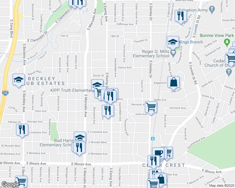 map of restaurants, bars, coffee shops, grocery stores, and more near 1526 Harlandale Avenue in Dallas
