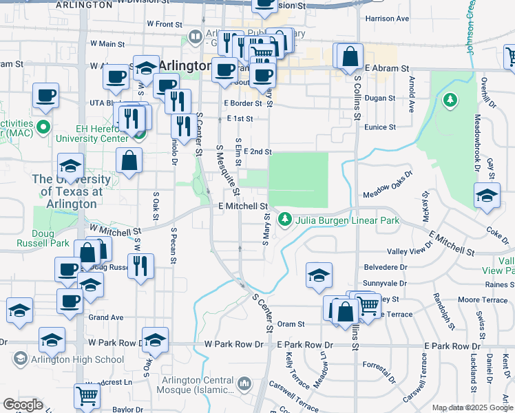 map of restaurants, bars, coffee shops, grocery stores, and more near 811 South Mesquite Street in Arlington