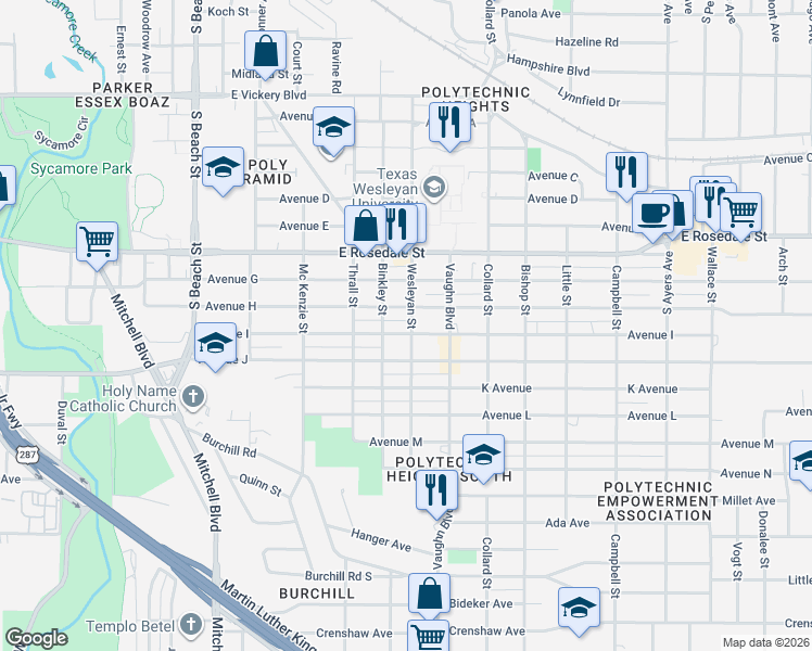 map of restaurants, bars, coffee shops, grocery stores, and more near 1613 Wesleyan Street in Fort Worth
