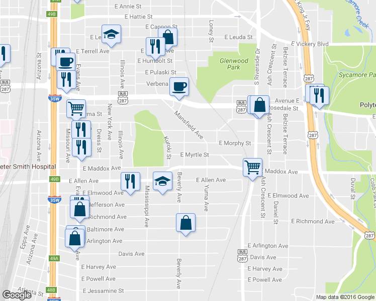 map of restaurants, bars, coffee shops, grocery stores, and more near 1274 East Morphy Street in Fort Worth