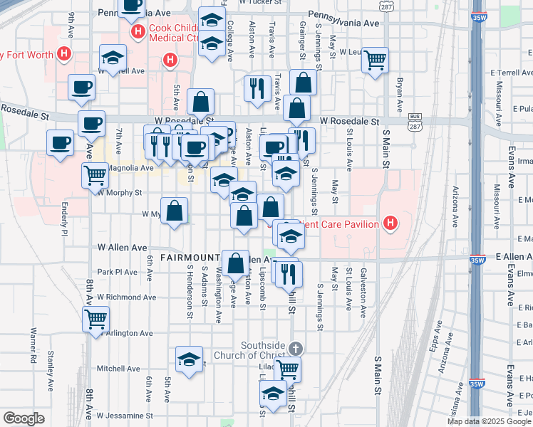 map of restaurants, bars, coffee shops, grocery stores, and more near 1424 Lipscomb Street in Fort Worth