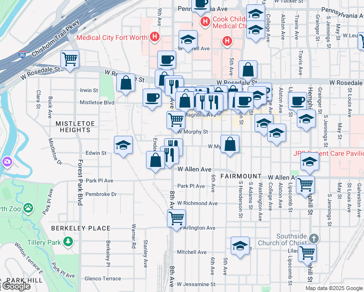 map of restaurants, bars, coffee shops, grocery stores, and more near 1419 Hurley Avenue in Fort Worth