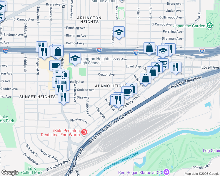 map of restaurants, bars, coffee shops, grocery stores, and more near 4204 Geddes Avenue in Fort Worth