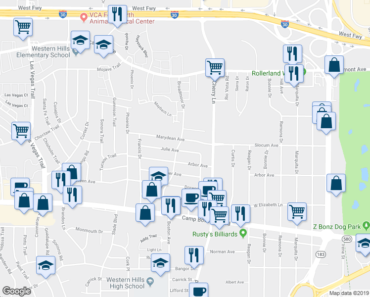 map of restaurants, bars, coffee shops, grocery stores, and more near 8026 Julie Avenue in Fort Worth