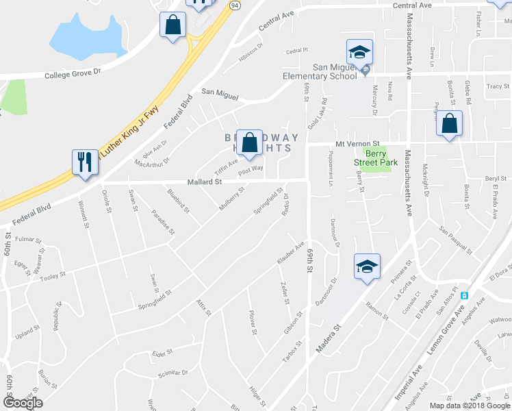 map of restaurants, bars, coffee shops, grocery stores, and more near 6780 Springfield Street in San Diego