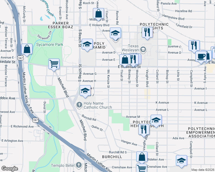 map of restaurants, bars, coffee shops, grocery stores, and more near 2744 Avenue H in Fort Worth