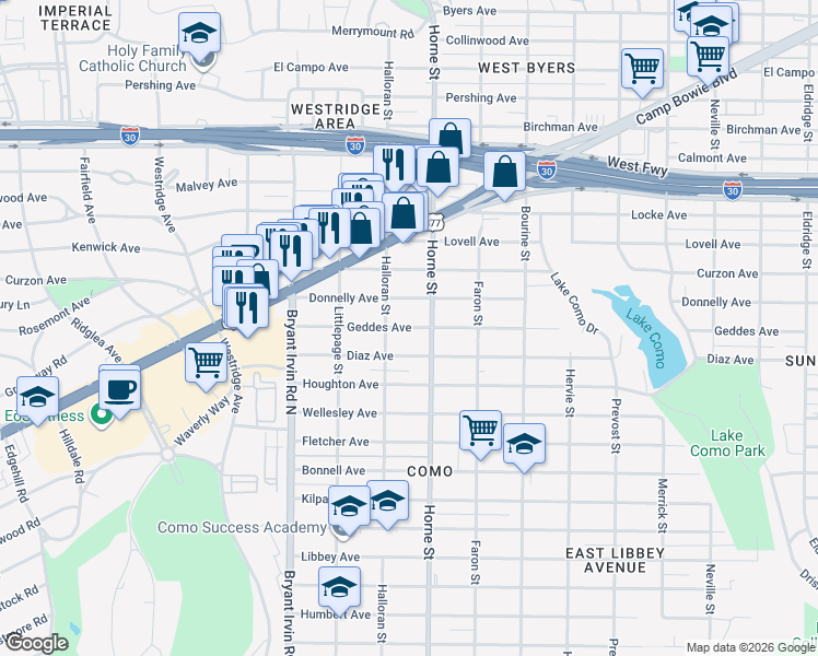 map of restaurants, bars, coffee shops, grocery stores, and more near 5708 Geddes Avenue in Fort Worth