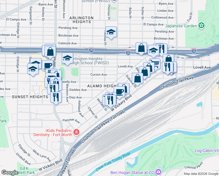 map of restaurants, bars, coffee shops, grocery stores, and more near 4129 Alamo Avenue in Fort Worth