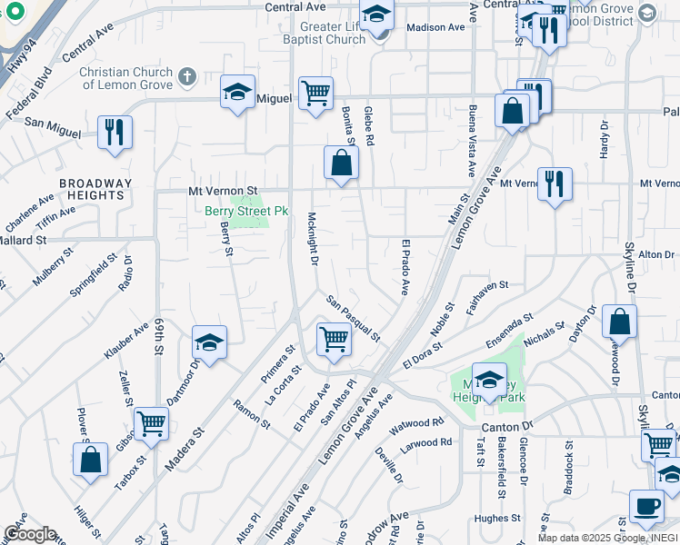 map of restaurants, bars, coffee shops, grocery stores, and more near 2135 Berryland Court in Lemon Grove