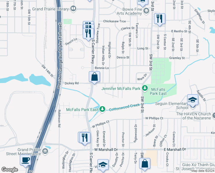 map of restaurants, bars, coffee shops, grocery stores, and more near 571 Dickey Road in Grand Prairie