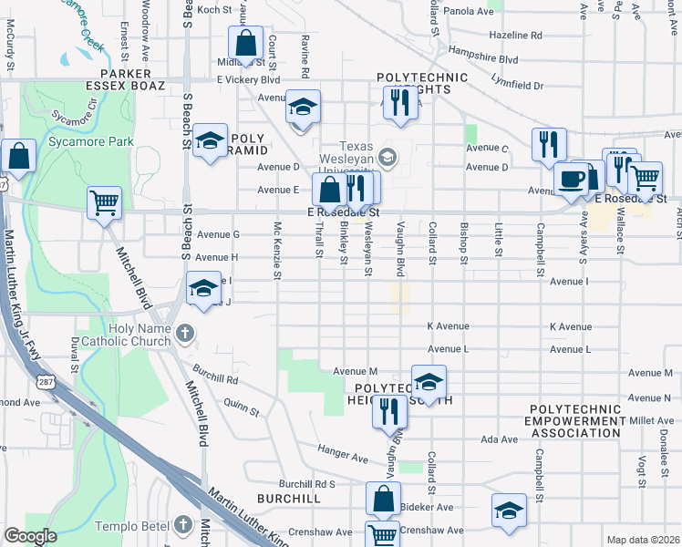 map of restaurants, bars, coffee shops, grocery stores, and more near 1616 Binkley Street in Fort Worth