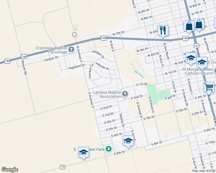 map of restaurants, bars, coffee shops, grocery stores, and more near 416 Terrace Circle in Lamesa