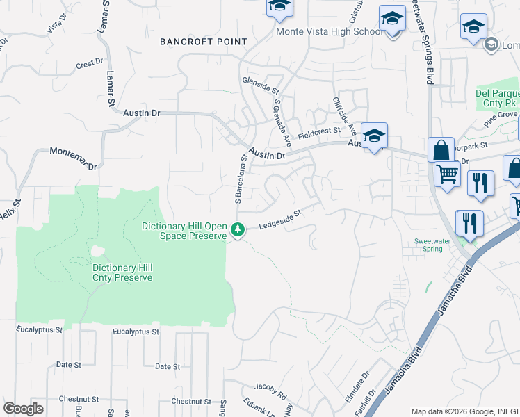 map of restaurants, bars, coffee shops, grocery stores, and more near 2207 Knollview Lane in Spring Valley