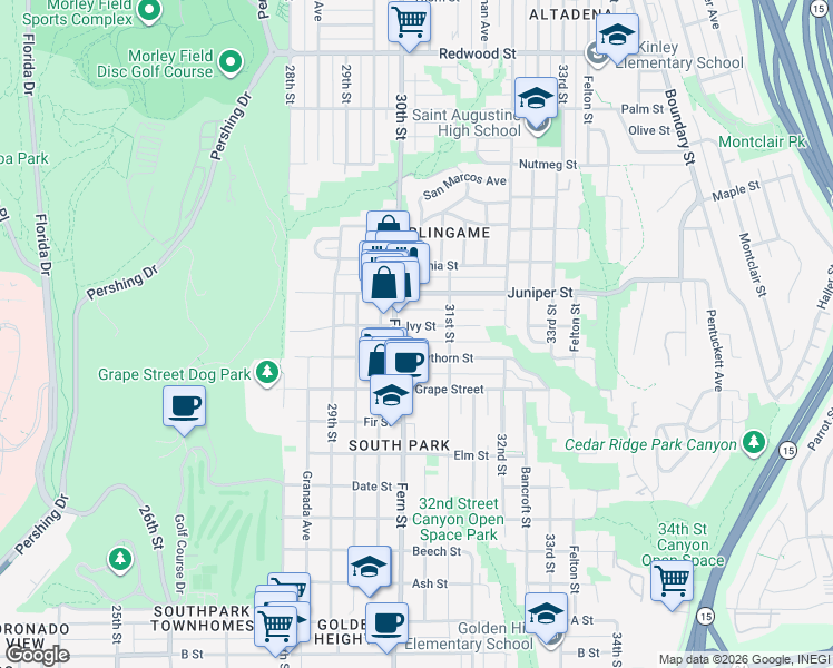 map of restaurants, bars, coffee shops, grocery stores, and more near 3031 Ivy Street in San Diego