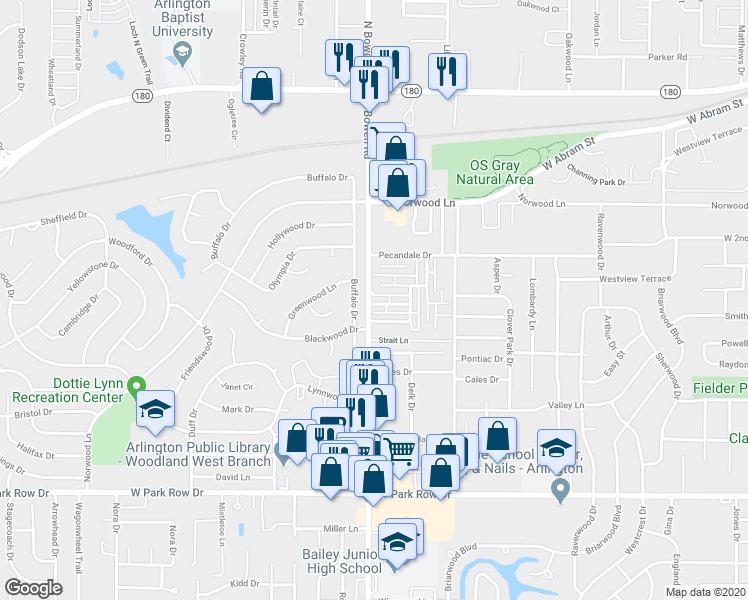 map of restaurants, bars, coffee shops, grocery stores, and more near 2451 North Graham Drive in Arlington
