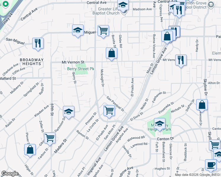 map of restaurants, bars, coffee shops, grocery stores, and more near 2125 Berryland Court in Lemon Grove