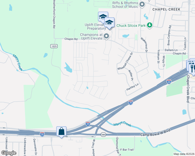 map of restaurants, bars, coffee shops, grocery stores, and more near Tamarisk Drive in Fort Worth