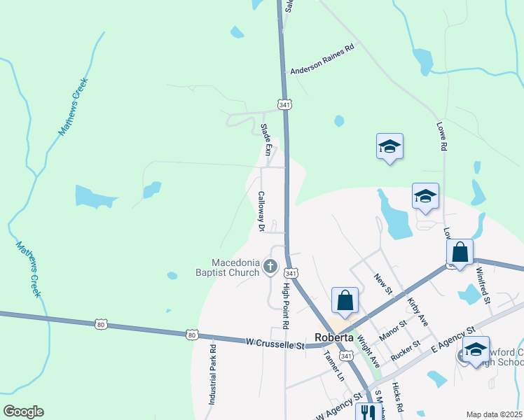 map of restaurants, bars, coffee shops, grocery stores, and more near 167 Slade Drive in Roberta