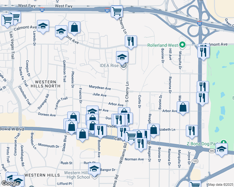 map of restaurants, bars, coffee shops, grocery stores, and more near 3104 Karen Street in Fort Worth