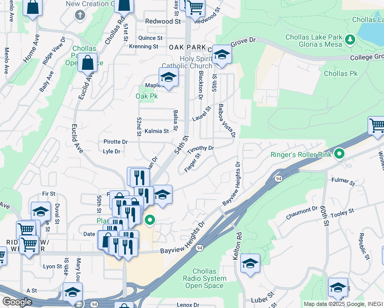 map of restaurants, bars, coffee shops, grocery stores, and more near 5449 Timothy Drive in San Diego