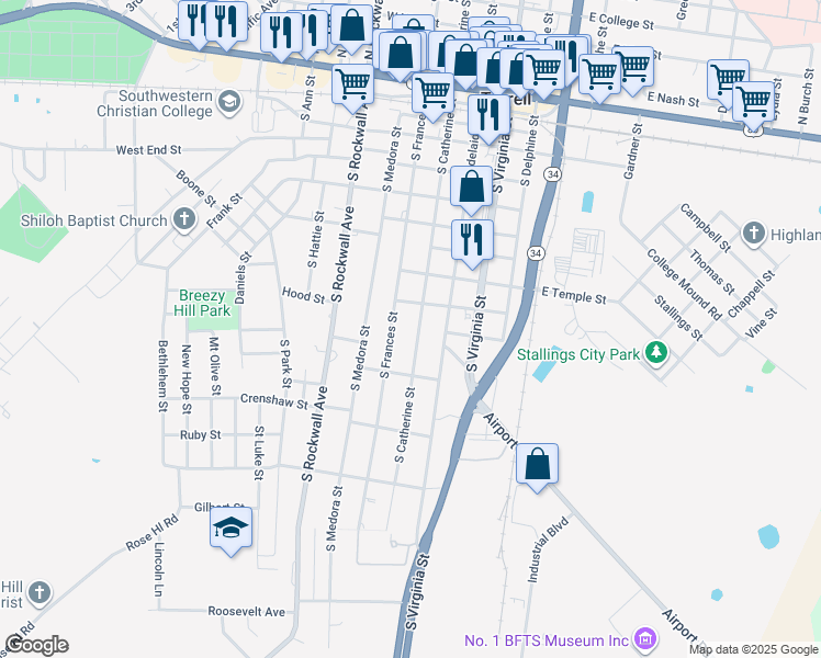 map of restaurants, bars, coffee shops, grocery stores, and more near 908 South Catherine Street in Terrell
