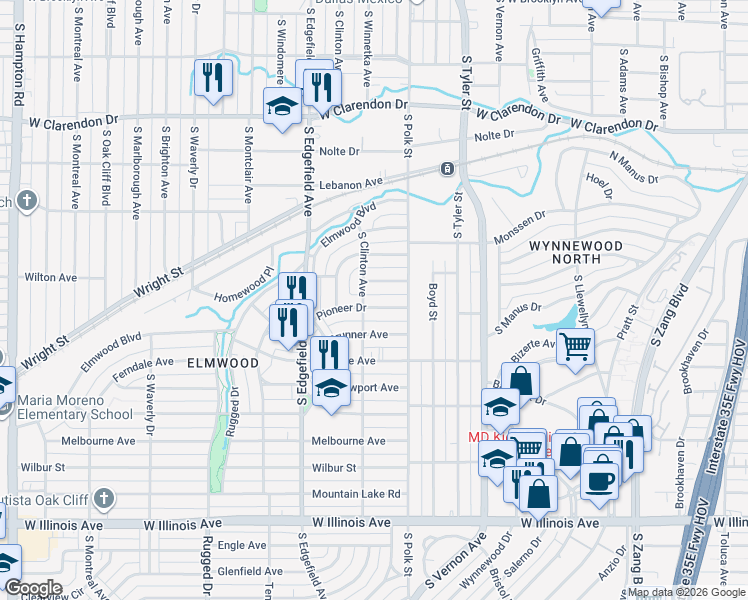 map of restaurants, bars, coffee shops, grocery stores, and more near 1135 Pioneer Dr in Dallas