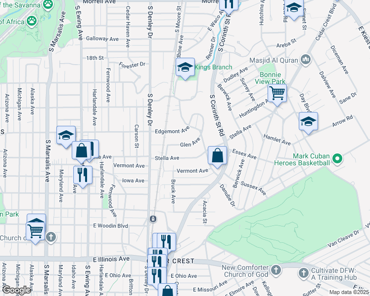 map of restaurants, bars, coffee shops, grocery stores, and more near 1440 Glen Avenue in Dallas
