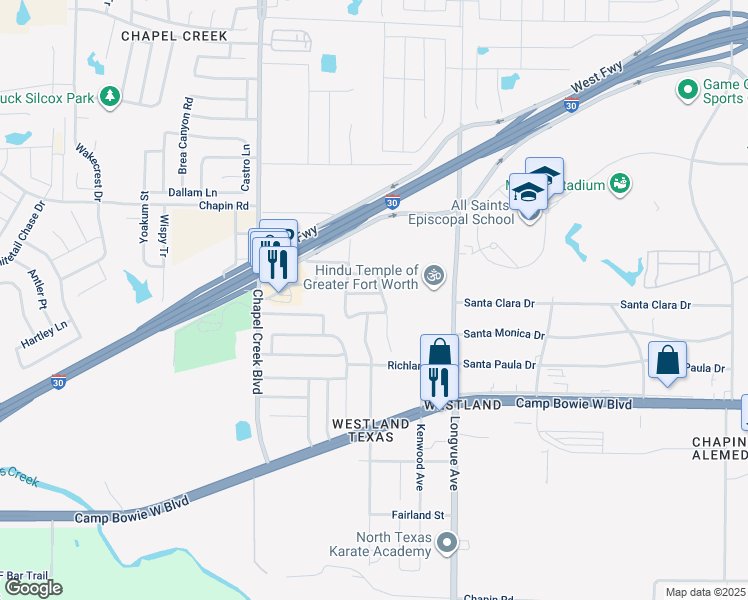 map of restaurants, bars, coffee shops, grocery stores, and more near 9905 Amaryllis Lane in Fort Worth