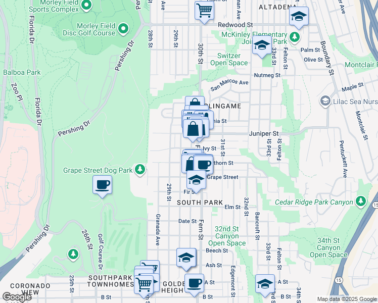 map of restaurants, bars, coffee shops, grocery stores, and more near 2225 30th Street in San Diego