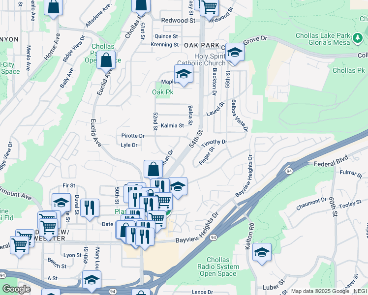 map of restaurants, bars, coffee shops, grocery stores, and more near 2152 54th Street in San Diego