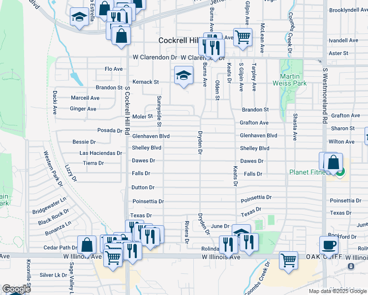 map of restaurants, bars, coffee shops, grocery stores, and more near 4051 Shelley Boulevard in Dallas