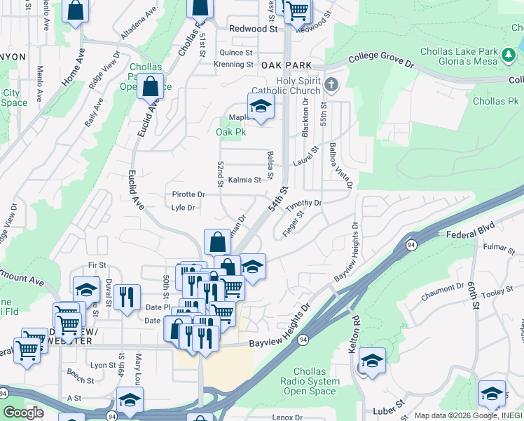 map of restaurants, bars, coffee shops, grocery stores, and more near 2152 54th Street in San Diego