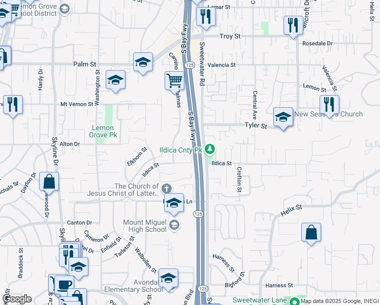 map of restaurants, bars, coffee shops, grocery stores, and more near 2120 Maria Court in Lemon Grove