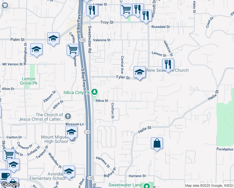 map of restaurants, bars, coffee shops, grocery stores, and more near 2202 Central Avenue in Spring Valley