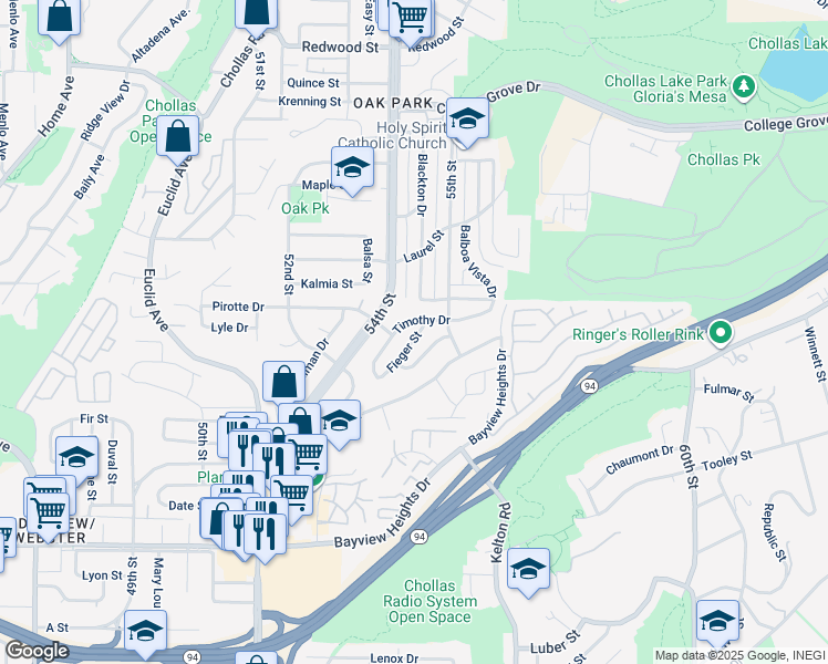 map of restaurants, bars, coffee shops, grocery stores, and more near 5449 Timothy Drive in San Diego