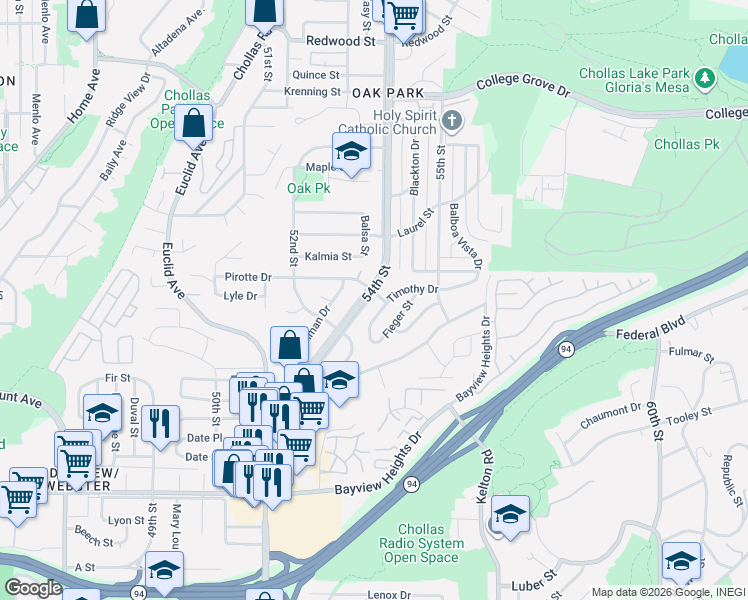 map of restaurants, bars, coffee shops, grocery stores, and more near 2160 54th Frontage Street in San Diego
