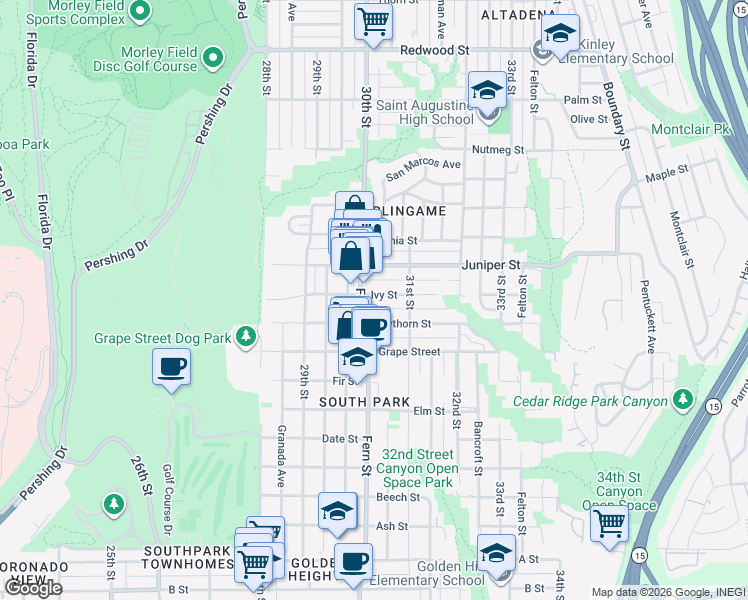 map of restaurants, bars, coffee shops, grocery stores, and more near 3031 Ivy Street in San Diego