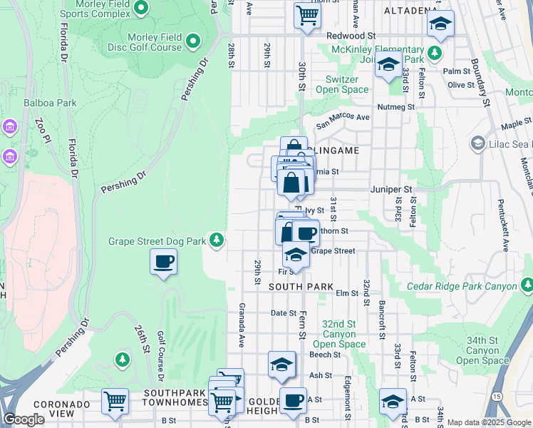 map of restaurants, bars, coffee shops, grocery stores, and more near 2878 Ivy Street in San Diego