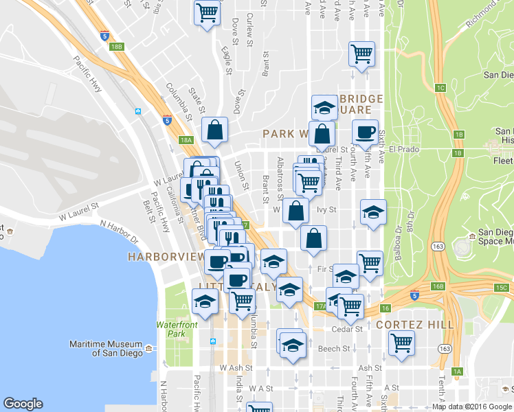 map of restaurants, bars, coffee shops, grocery stores, and more near 6 Brant Street in San Diego