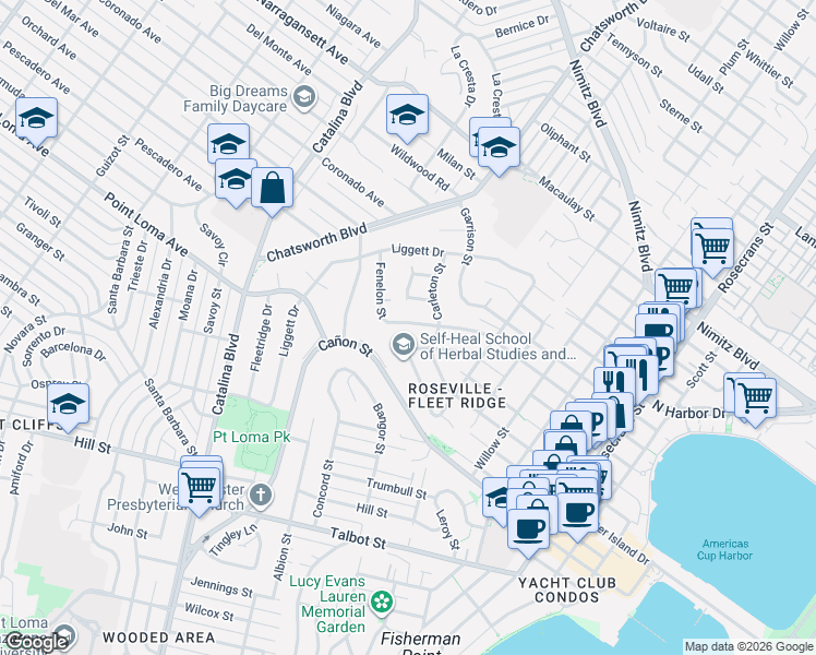 map of restaurants, bars, coffee shops, grocery stores, and more near 3623 Fenelon Street in San Diego